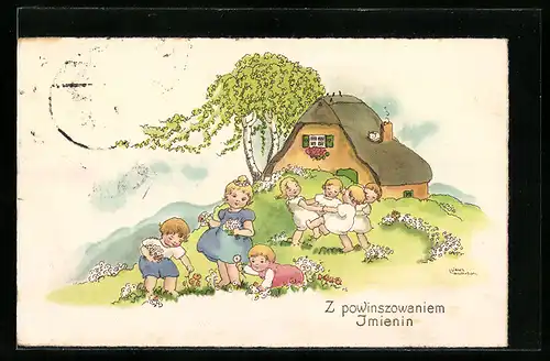 Künstler-AK Liesel Lauterborn: Z powinszowaniem Imienin, Kinder auf der Wiese vor dem Bauernhaus