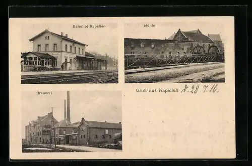 AK Kapellen, Bahnhof Kapellen, Mühle und Brauerei