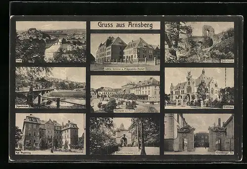 AK Arnsberg, Totale, Jägerbrücke, Kgl. Regierung, Kreishaus, Neumarkt mit Post