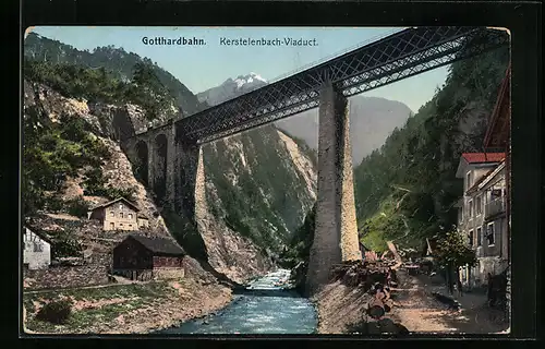 AK Amsteg, Kerstelenbach-Viadukt der Gotthardbahn