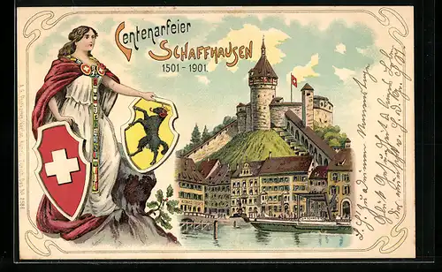 Lithographie Schaffhausen, Centenarfeier, Helvetia mit Wappen