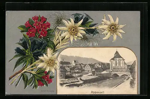 AK Appenzell, Ortsansicht mit Edelweiss-Dekor