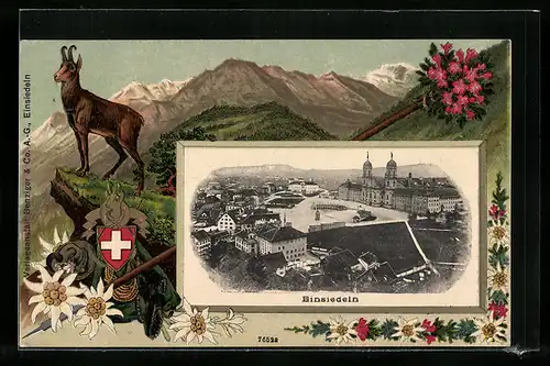 Passepartout-Lithographie Einsiedeln, Sicht über den Ort im Rahmen, Edelweiss