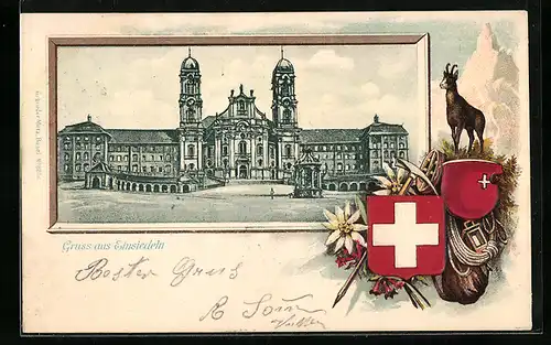 Passepartout-AK Einsiedeln, Kloster mit Wappen