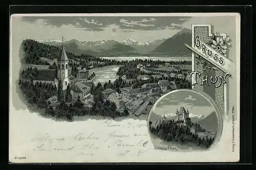 Mondschein-Lithographie Thun, Totalansicht mit Schloss Thun