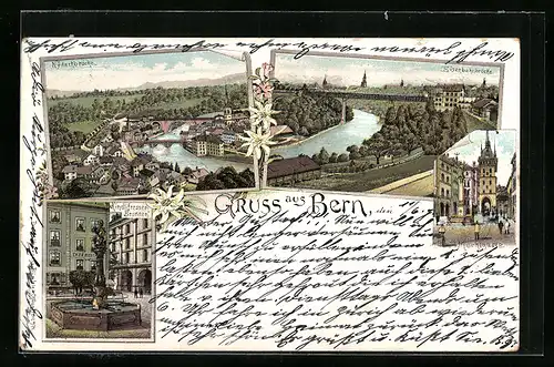 Lithographie Bern, Eisenbahnbrücke, Marktgasse, Nydeckbrücke