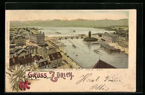 Lithographie Zürich, Ortsansicht mit Blick auf den See