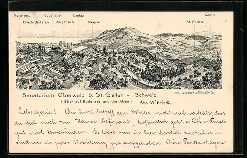 Künstler-AK Oberwaid b. St. Gallen, Blick auf Bodensee und Alpen, Säntis, Bregenz