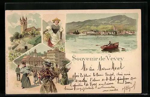 Lithographie Vevey, Ortsansicht mit Ruderpartie