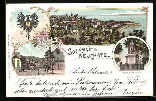 Lithographie Neuchatel, Place du Marche, Statue David de Pury, Vue Generale