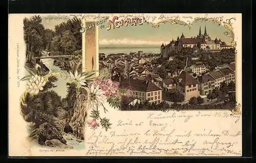 Lithographie Neuchatel, Gorges de l'areuse, Ortspanorama
