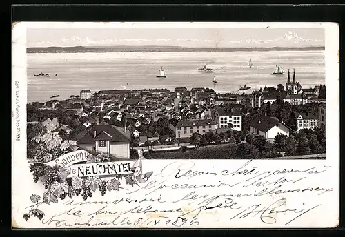 Lithographie Neuchâtel, Vue générale, Dampfer, Segelboote