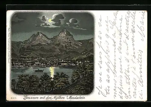 Lithographie Brunnen, Ortspanorama mit den Mythen