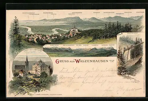 Lithographie Walzenhausen, Ortsansicht, Kirche und Hotel Rheinburg