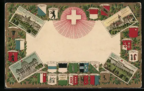Lithographie Bern, Bundespalast, Bundesgericht, Polytechnikum, Wappen