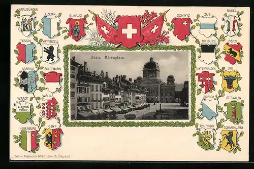 Passepartout-Lithographie Bern, Bärenplatz mit Wappen