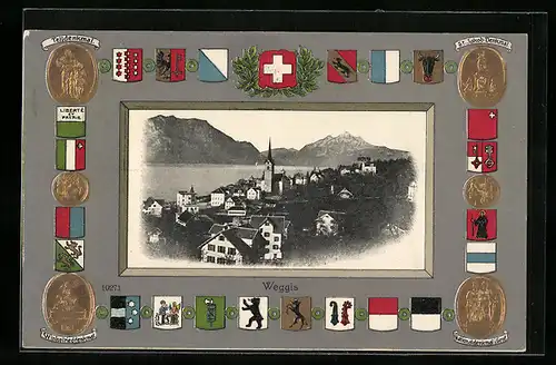 AK Weggis, Ortsansicht mit Wappen, Telldenkmal