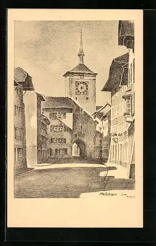 Künstler-AK Mellingen, Stadtbild mit Zeitturm