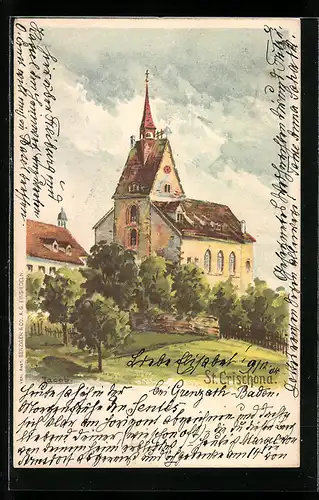 Lithographie St. Chrischona, Blick zur Kirche