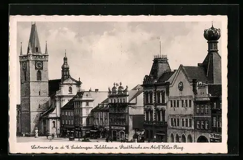 AK Leitmeritz / Litomerice, Kelchhaus und Stadtkirche am Ring