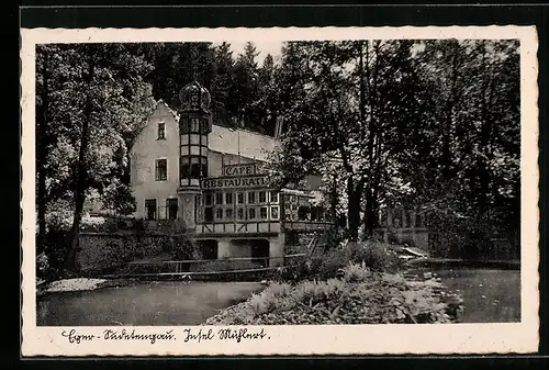 AK Eger /Sudetengau, Cafe Restaurant auf der Insel Mühlert