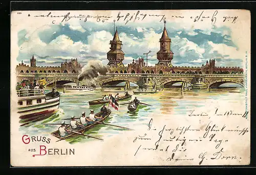 Lithographie Berlin-Friedrichshain, Blick auf Oberbaum-Brücke