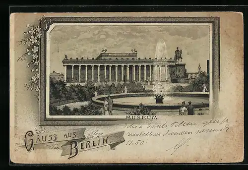 Lithographie Berlin, Springbrunnen vor Museum