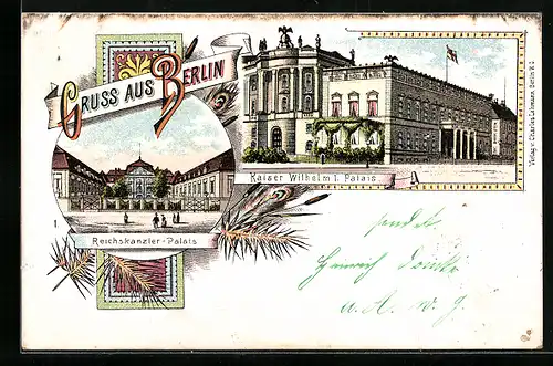 Lithographie Berlin, Kaiser Wilhelm I. Palais, Reichskanzler Palais