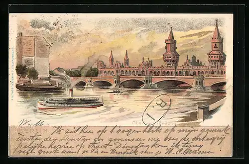 Lithographie Berlin-Friedrichshain, Oberbaum-Brücke, Dampfer