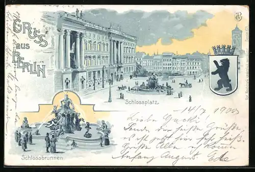 Lithographie Berlin, Schlossplatz, Schlossbrunnen