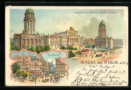 Lithographie Berlin, Gendarmen-Markt mit Schauspielhaus, Unter den Linden Ecke Friedrich-Strasse