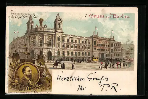 Lithographie Berlin, Reichspostgebäude, Staatssekretär des deutschen Reichstags Dr. Heinrich von Stephan