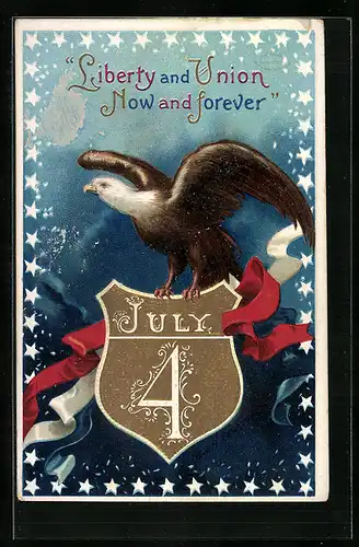 Präge-AK Adler auf einem Wappen, 4th of July, amerikanischer Unabhängigkeitstag