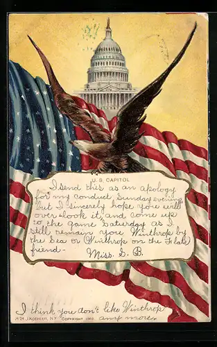 Präge-AK U. S. Capitol, Adler mit amerikanischer Flagge