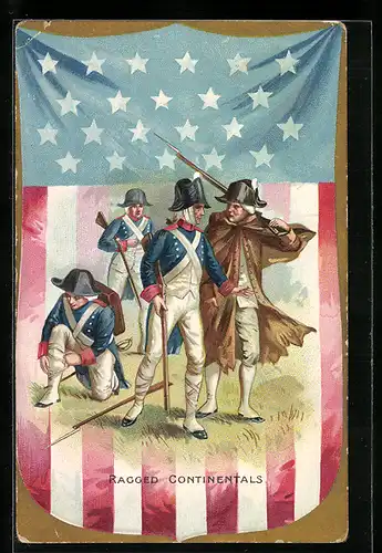 Präge-AK Ragged Continentals, Amerikanische Soldaten mit Gewehren auf Wappen