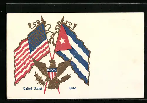 Präge-AK Nationalflaggen der Vereinigten Staaten und von Cuba, Adler mit Wappen