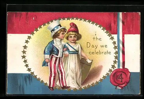 Präge-AK Amerikanisches Kinderpaar mit Wappen auf Flagge