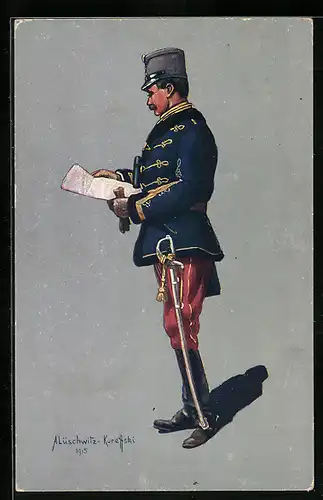 Künstler-AK Österreichischer Husarenstabsoffizier in Felduniform, Stempel Bahnpost