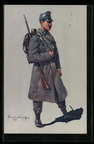 Künstler-AK Tiroler Kaiserjäger in Felduniform mit Gewehr 1914-1915