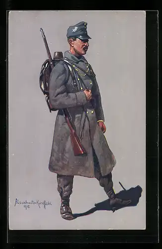 Künstler-AK Tiroler Kaiserjäger in Felduniform mit Gewehr 1914-1915