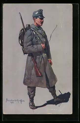 Künstler-AK Tiroler Kaiserjäger in Felduniform mit Gewehr 1914-1915