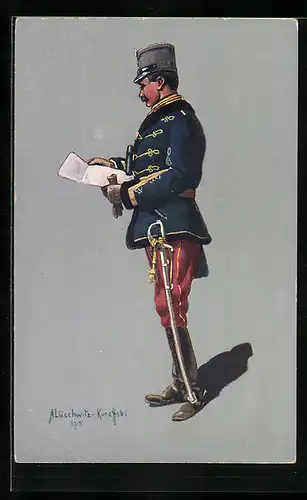 Künstler-AK Österreichischer Husarenstabsoffizier in Felduniform, Stempel Bahnpost