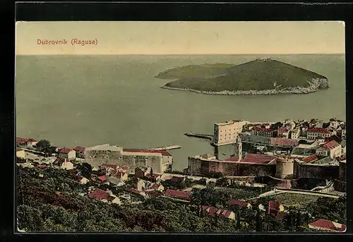 AK Dubrovnik, Teilansicht mit Insel aus der Vogelschau