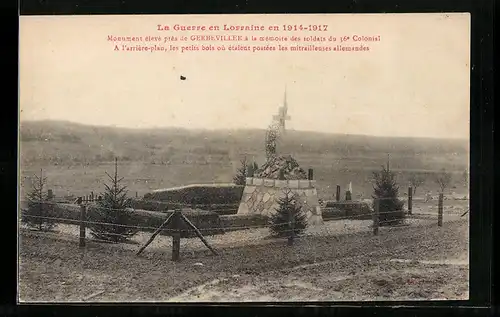 AK Gerbeviller, La Guerre en Lorraine en 1914-17, Monument à la mémoire des soldats du 36e Colonial