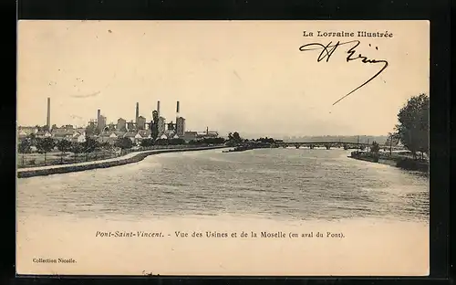 AK Pont-Saint-Vincent, Vue des Usines et de la Moselle en aval du Pont