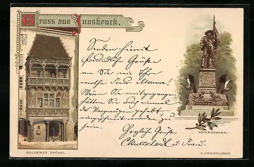 Lithographie Innsbruck, Hofer-Denkmal, Goldenes Dachel