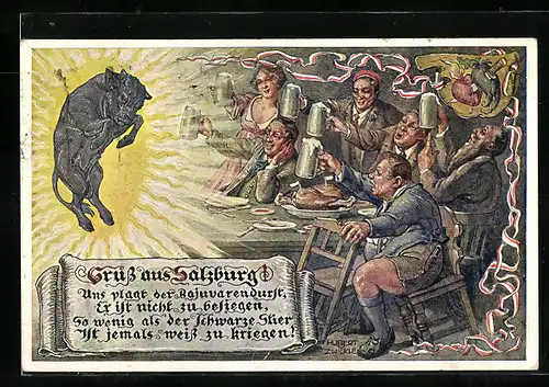 Künstler-AK Hubert von Zwickle: Salzburg, Schwarzer Stier, Herren mit Bierkrügen am Tisch