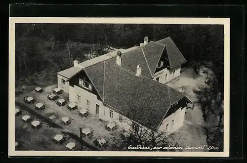 AK Linz a. D., Gasthaus Zur schönen Aussicht aus der Vogelschau