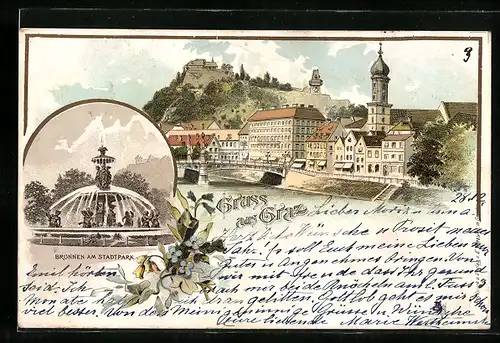 Lithographie Graz, Brunnen am Stadtpark, Partie im Zentrum mit Brücke