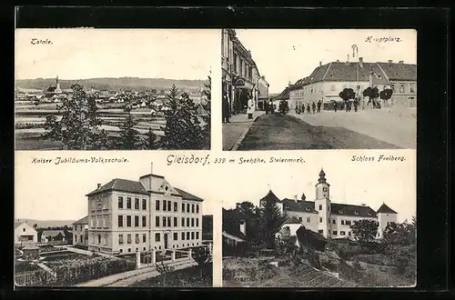 AK Gleisdorf, Totale, Hauptplatz, Kaiser Jubiläums-Volksschule, Schloss Freiberg